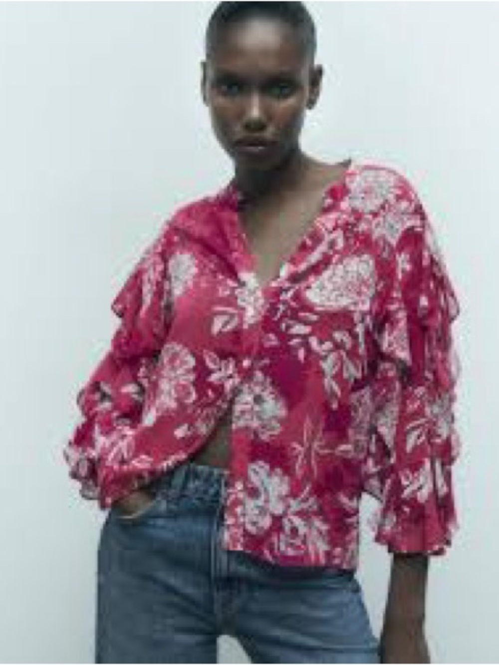 Zara Floral Button-Down Ruffle Sleeve Shirt - Magenta & White